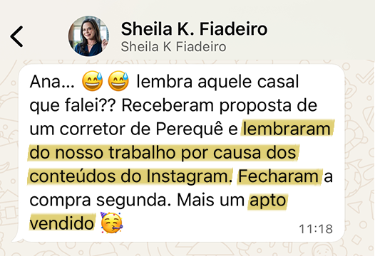 Mensagem de cliente celebrando venda fechada graças ao conteúdo